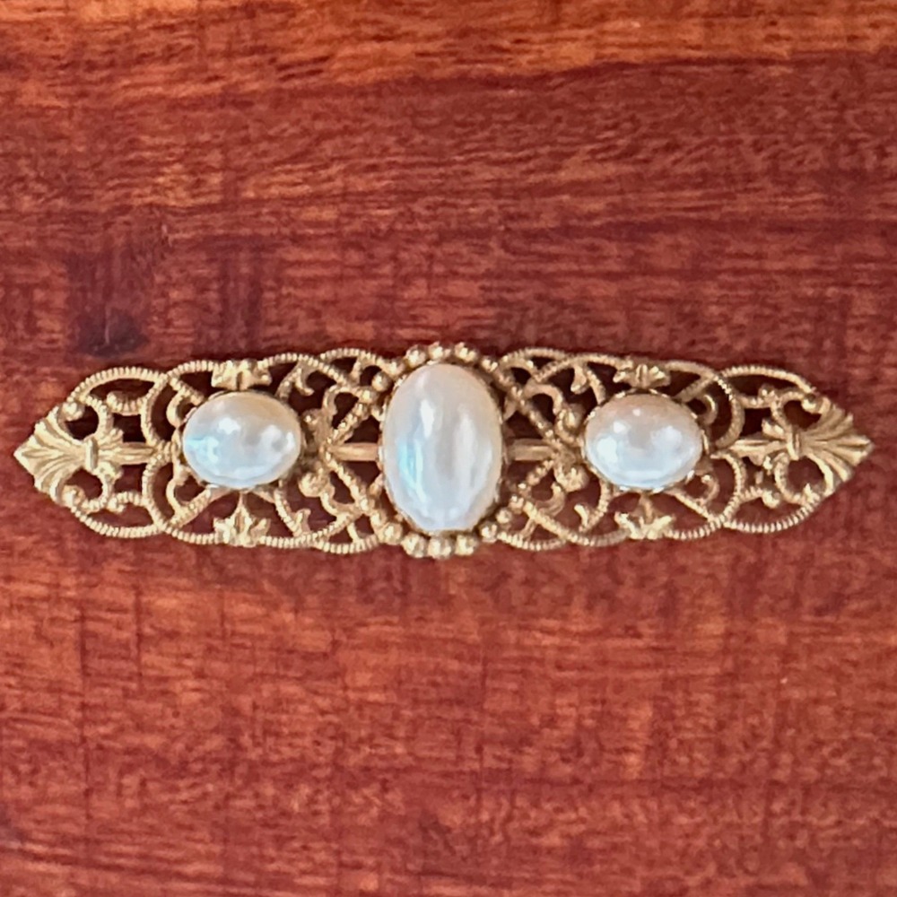 Vintage Miriam Haskell Signed Brooch‎ Pin Women Gold Pearl Elegant Collectible